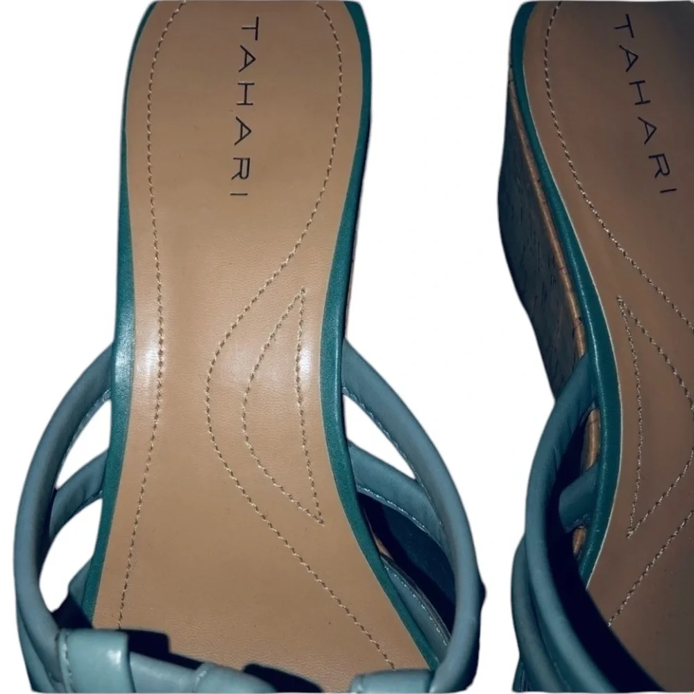 Tahari size 10 light aqua blue leather  open toe platform wedge NIB